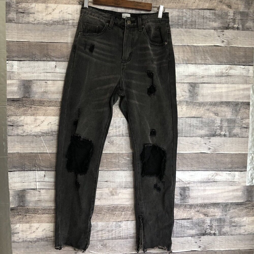 Princess Polly High Rise Distressed Raw Hem Destroyed Ankle Zip Jeans 4 Black